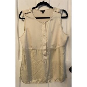 ANN TAYLOR Women Silk Sleeveless Blouse Tunic Button Front Beige Size 10